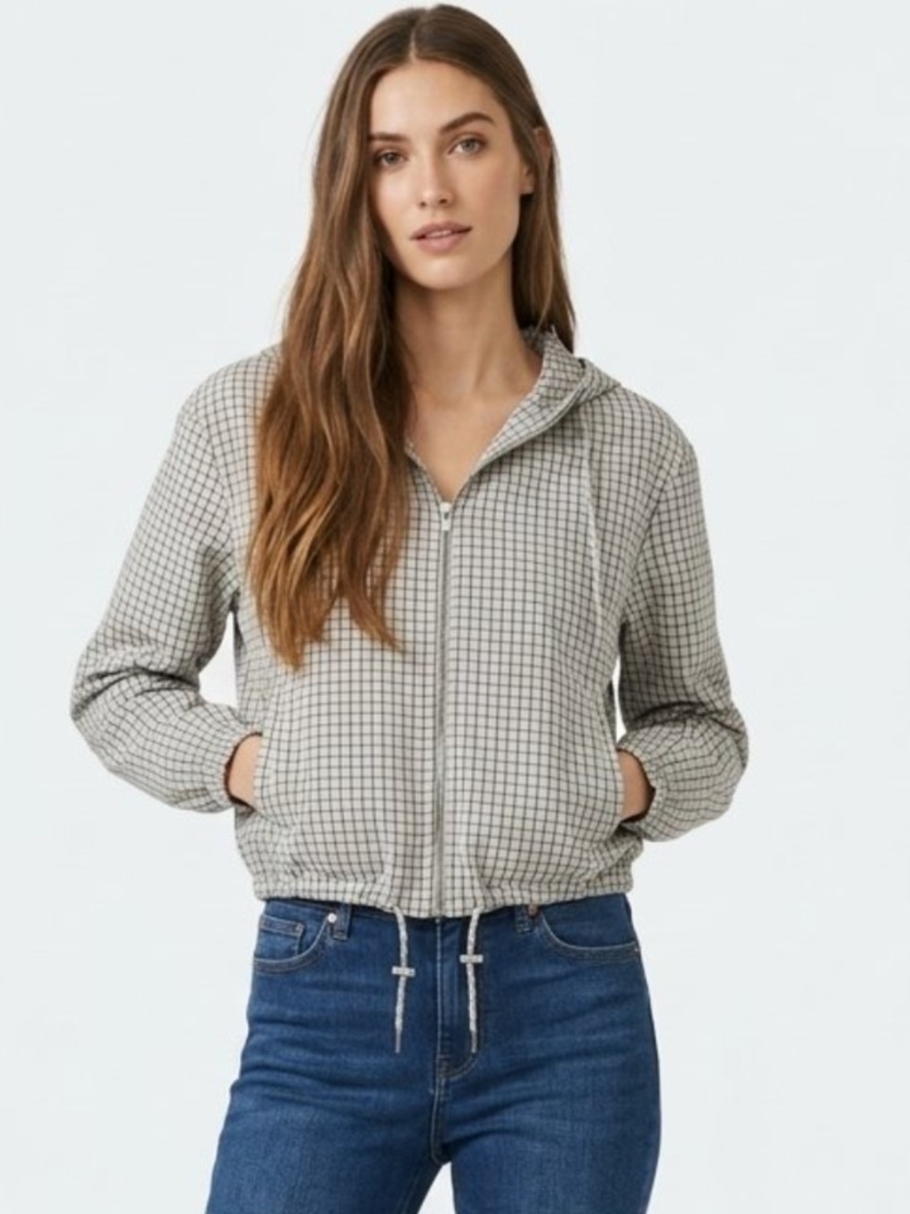 NEW Zara Check Grid Patterned Zip-Front Hooded Jacket In Light Ivory/Brown - M